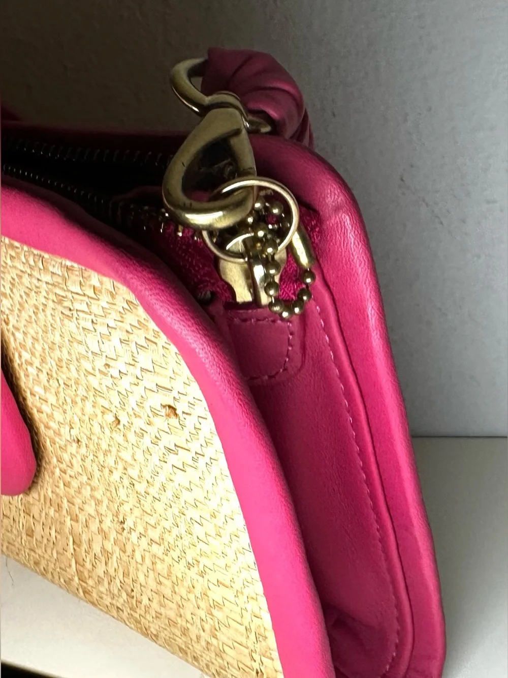 Coach Straw Clutch Wristlet with Fuchsia Trim